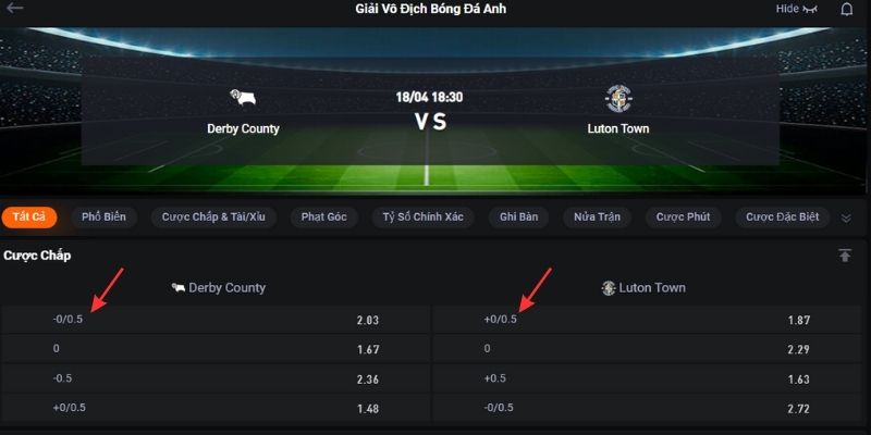 Bảng cược handicap của kèo đấu giữa Derby vs Luton tại giải hạng nhất Anh Bảng cược handicap của kèo đấu giữa Derby vs Luton tại giải hạng nhất Anh